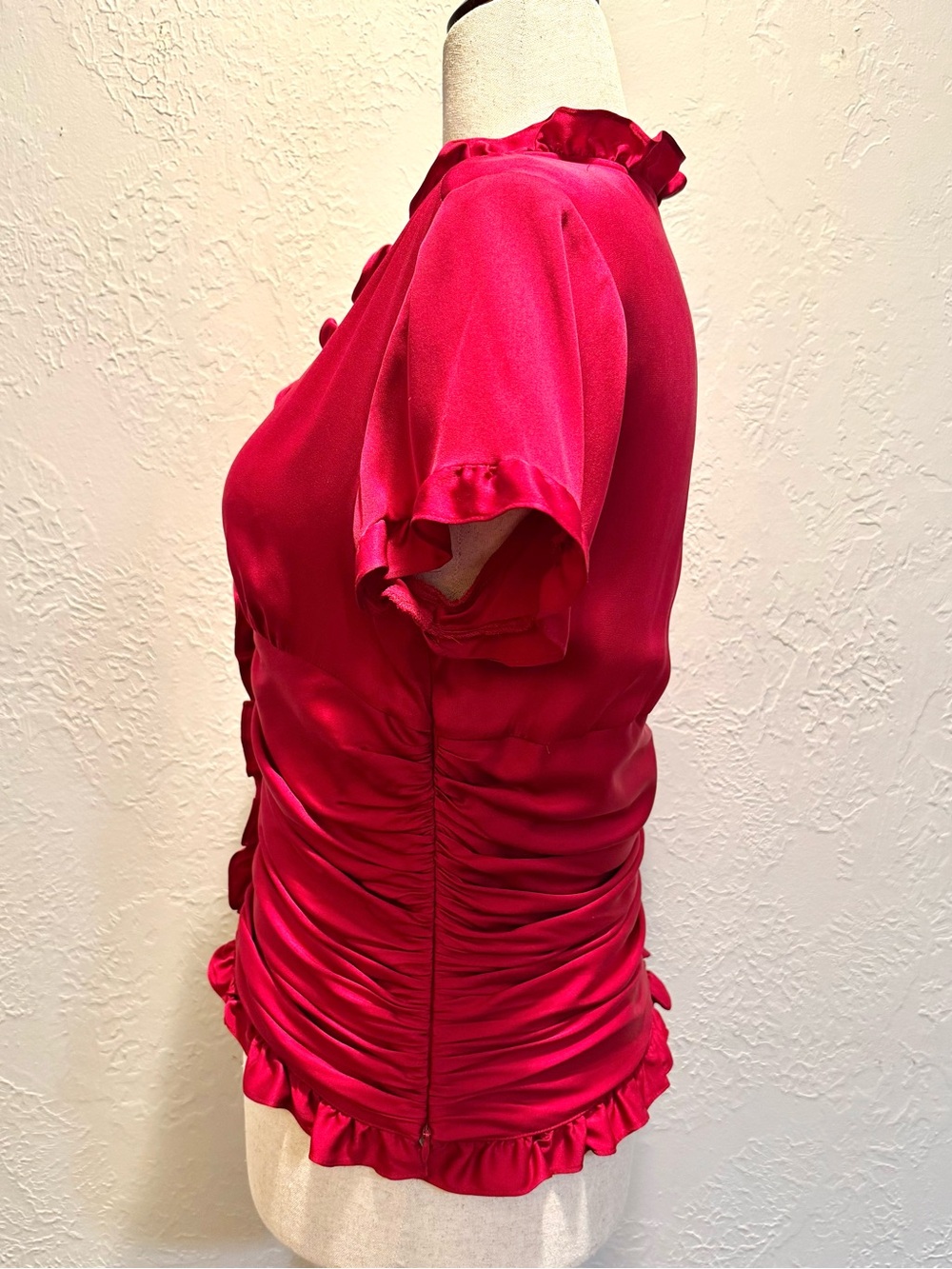 Silk ANTONIO MELANI Ruby Red Ruffled Ruched V-Neck Blouse - Picture 4 of 10